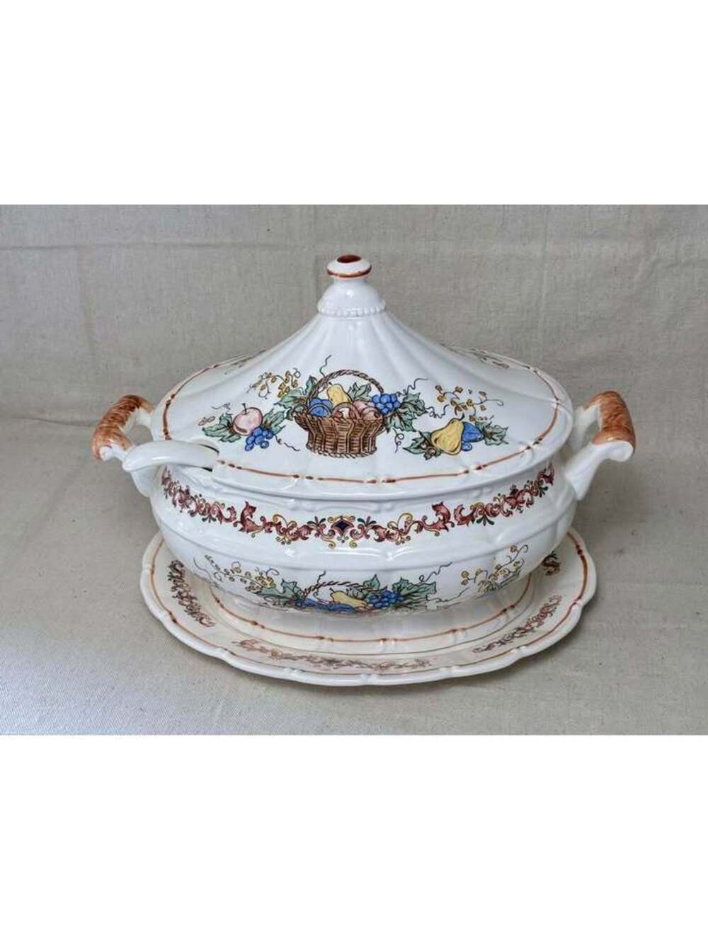 Ceramic Fruit Basket Soup Tureen with Lid, Ladle, and Underplate